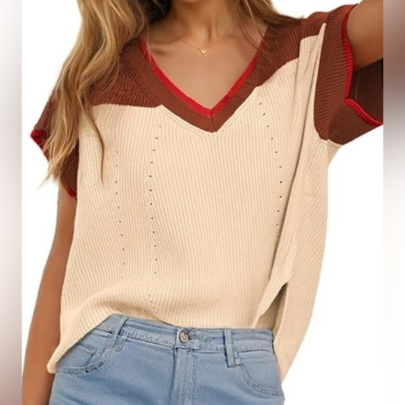 Dokotoo Soft V-Neck Sweater Short Sleeve Pull Over Top - Picture 1 of 9